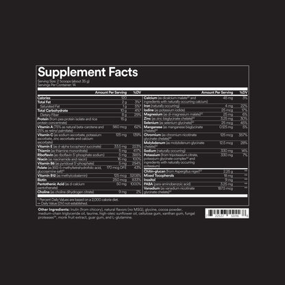 FitPlant+ Chocolate plant protein label, Supplement Facts panel and other ingredients