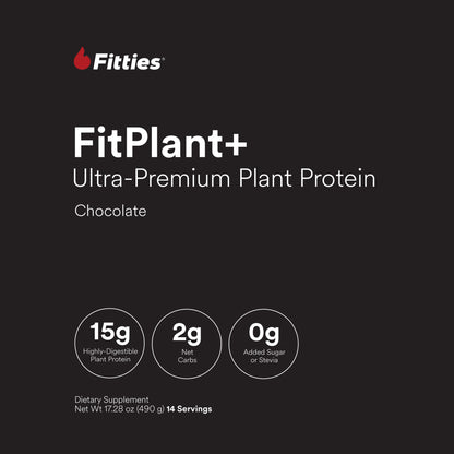 FitPlant+ Chocolate plant protein label, front panel with 15g protein, 2g net carbs and 0g added sugar or stevia