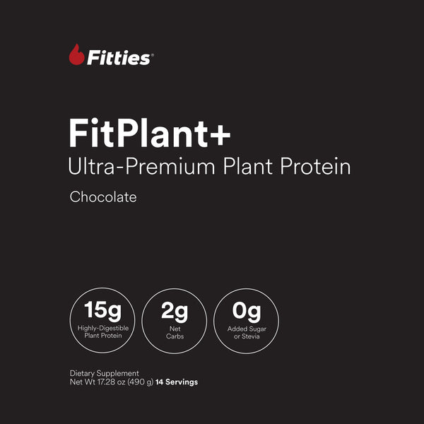 FitPlant+ Chocolate plant protein label, front panel with 15g protein, 2g net carbs and 0g added sugar or stevia