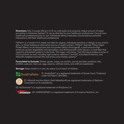 FitPlant+ Vanilla plant protein label, directions, description and storage