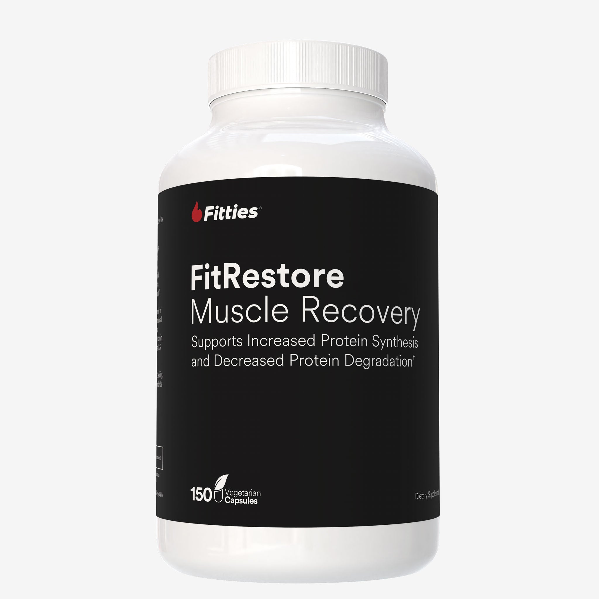 Fitties FitRestore Muscle Recovery supplement bottle on a white background