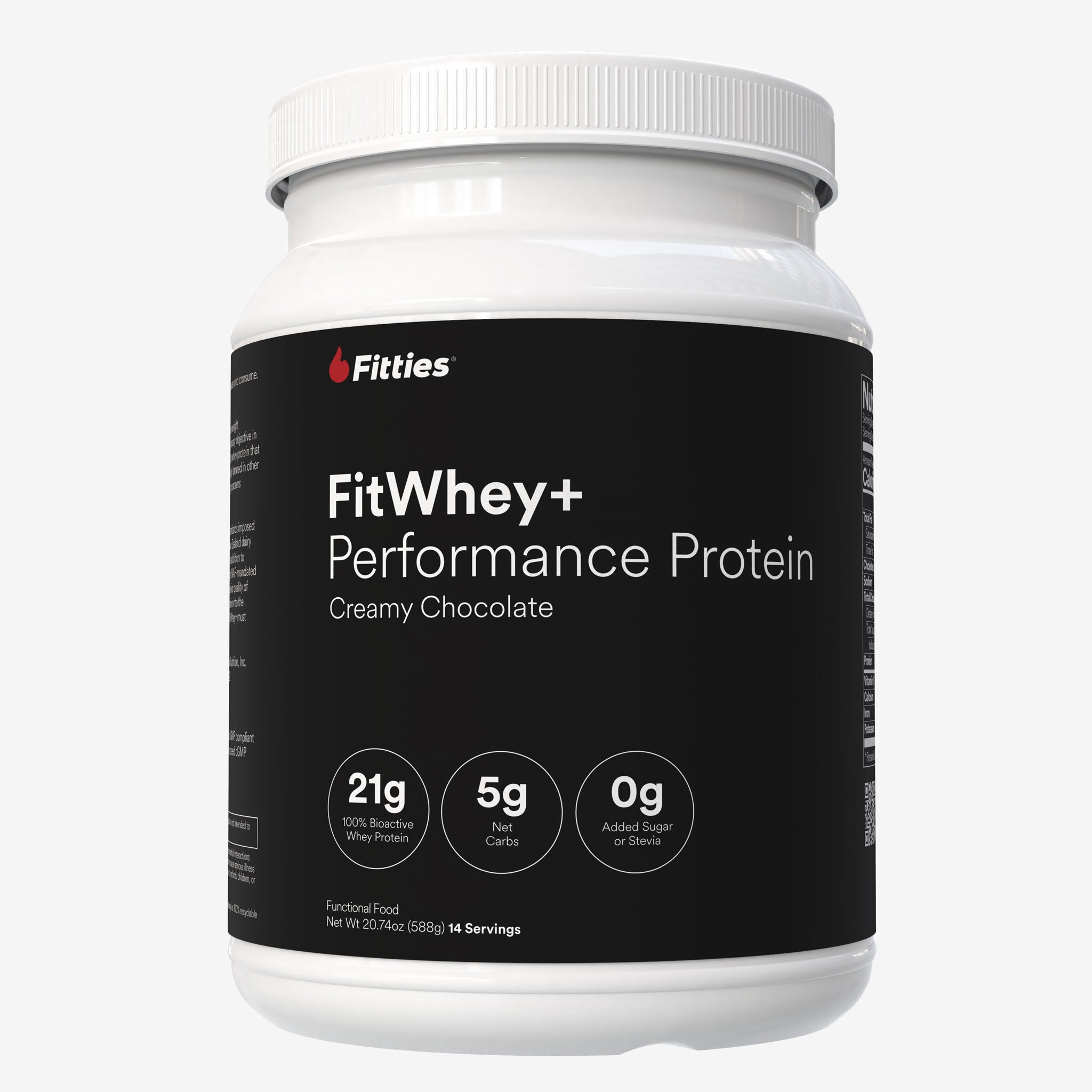 Fitties FitWhey+ Performance Protein container on a white background
