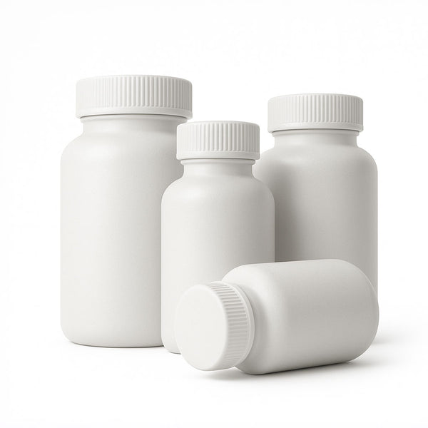 Four white pill bottles of different sizes on a light gray background