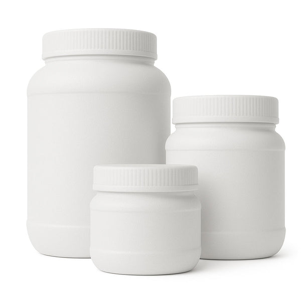 Three white plastic jars of different sizes on a white background