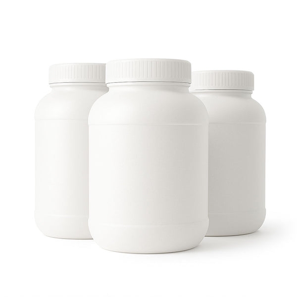 Three white pill bottles with caps on a white background