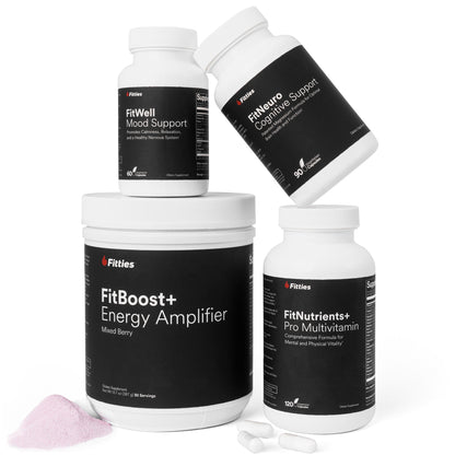 Fitties Elevated Energy Stack with FitBoost+, FitNutrients+, FitNeuro, and FitWell