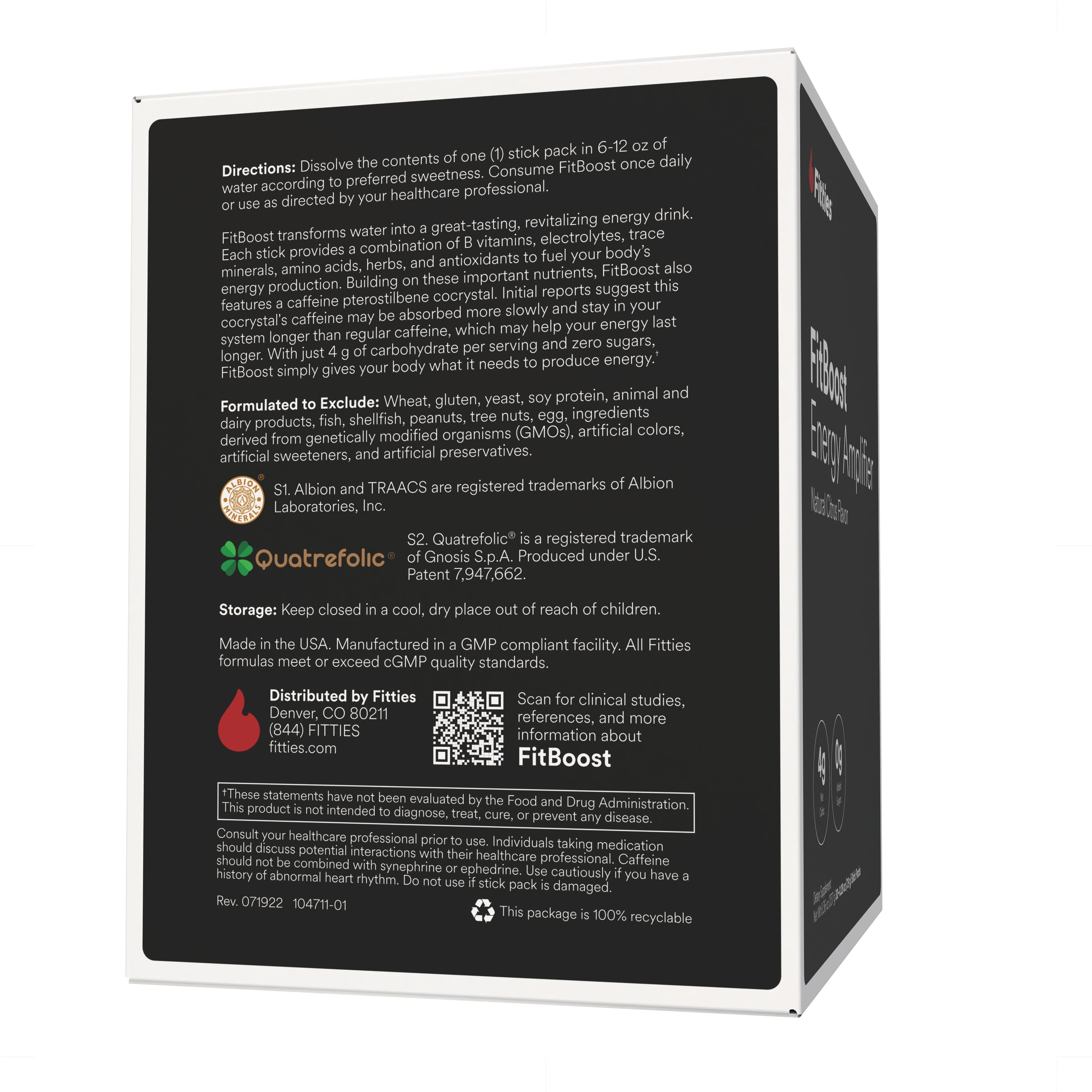 Back view of a Fitties FitBoost supplement package with text and branding.