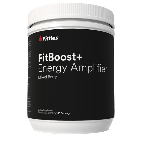Fitties FitBoost+ Pre-Workout supplement container on a white background