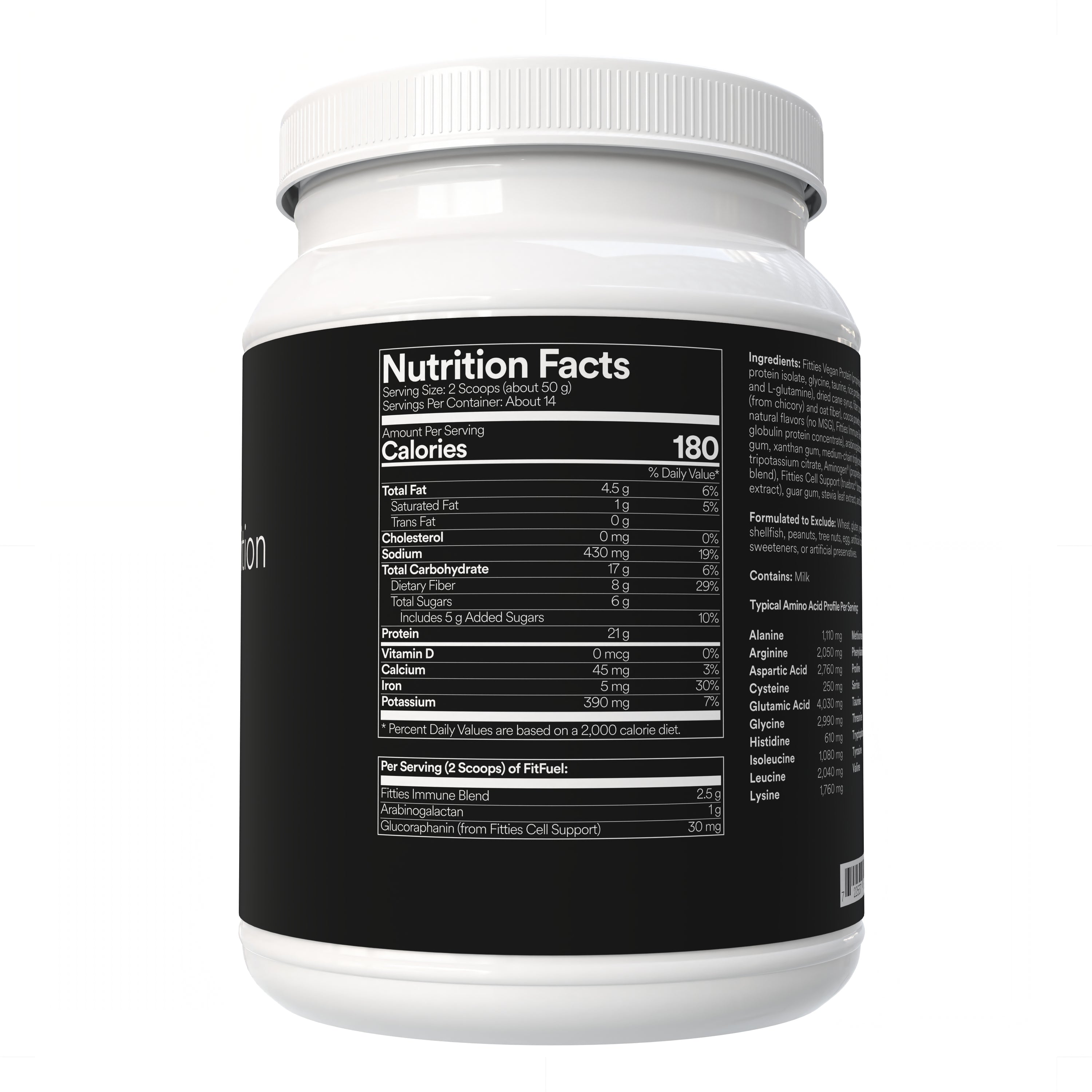 Fitties FitFuel supplement container with nutrition facts label on a white background
