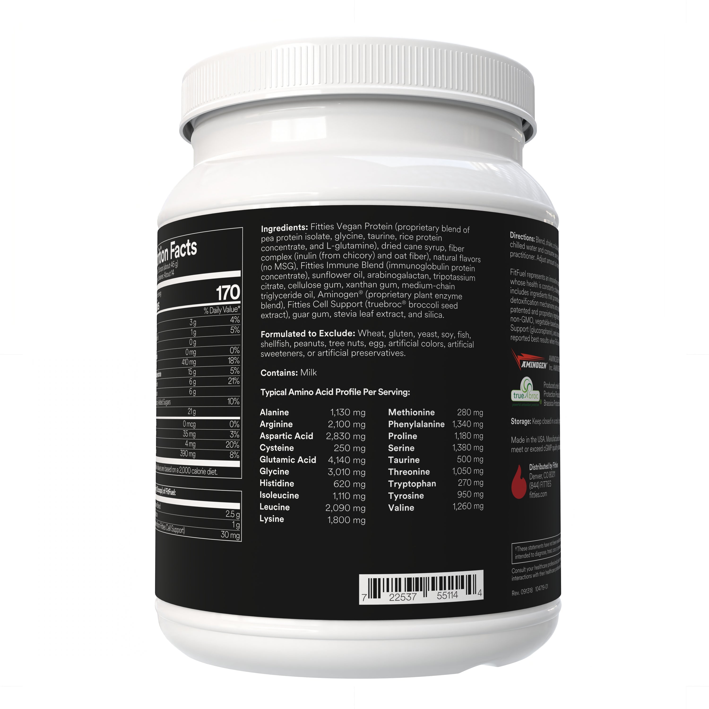Fitties FitFuel supplement container with nutritional information on a white background