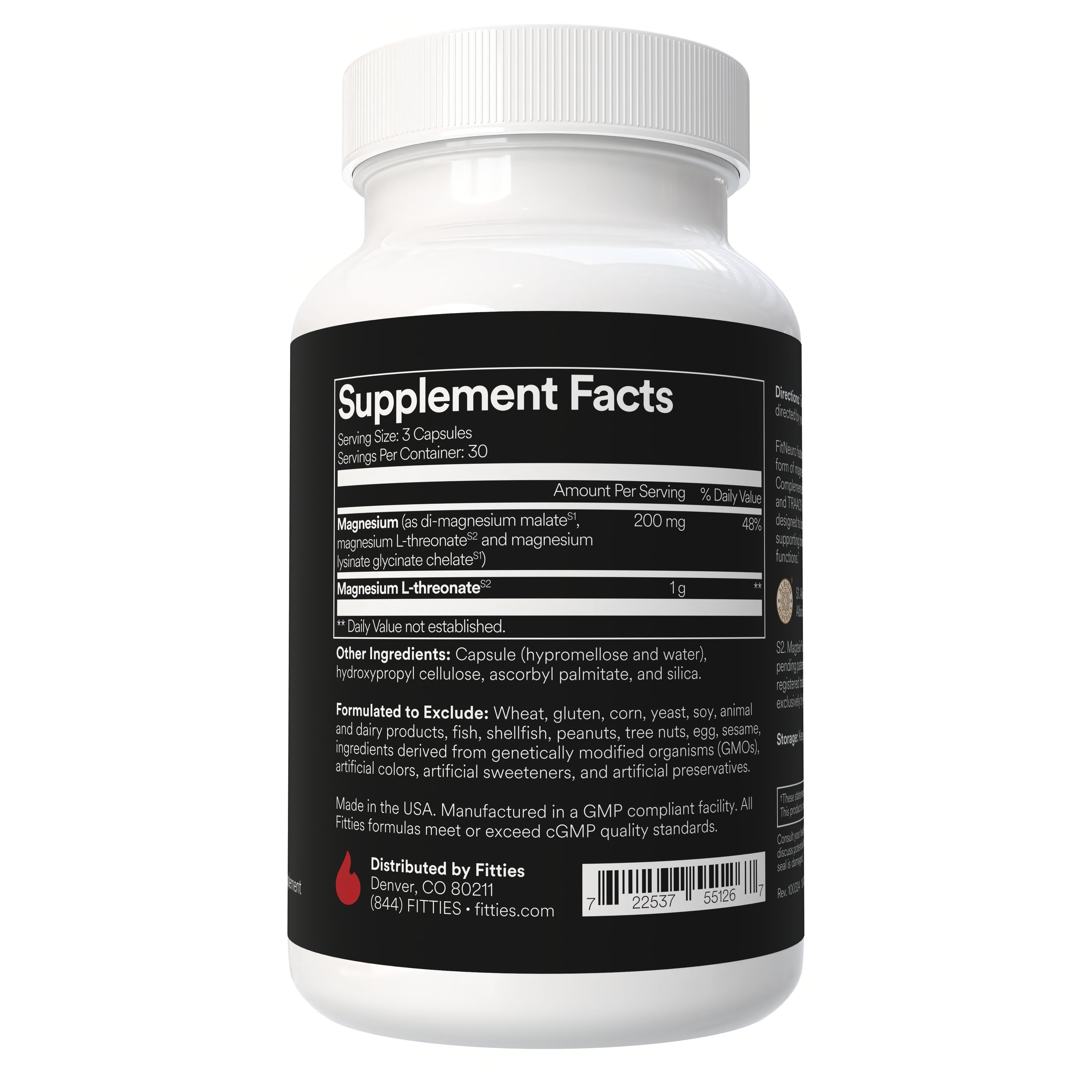 Fitties FitNeuro supplement bottle with supplement facts on a white background