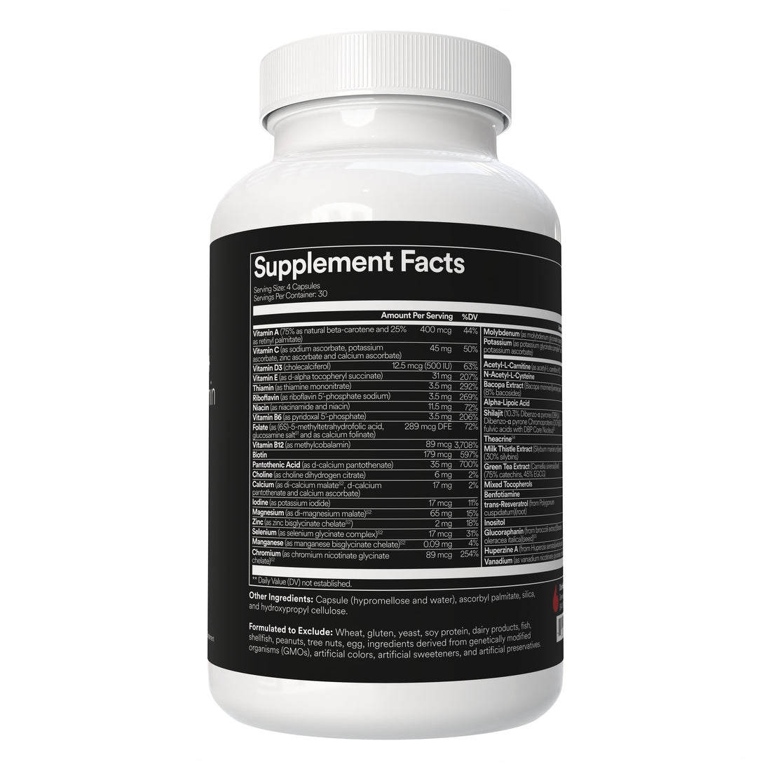 Supplement bottle with a black label displaying &