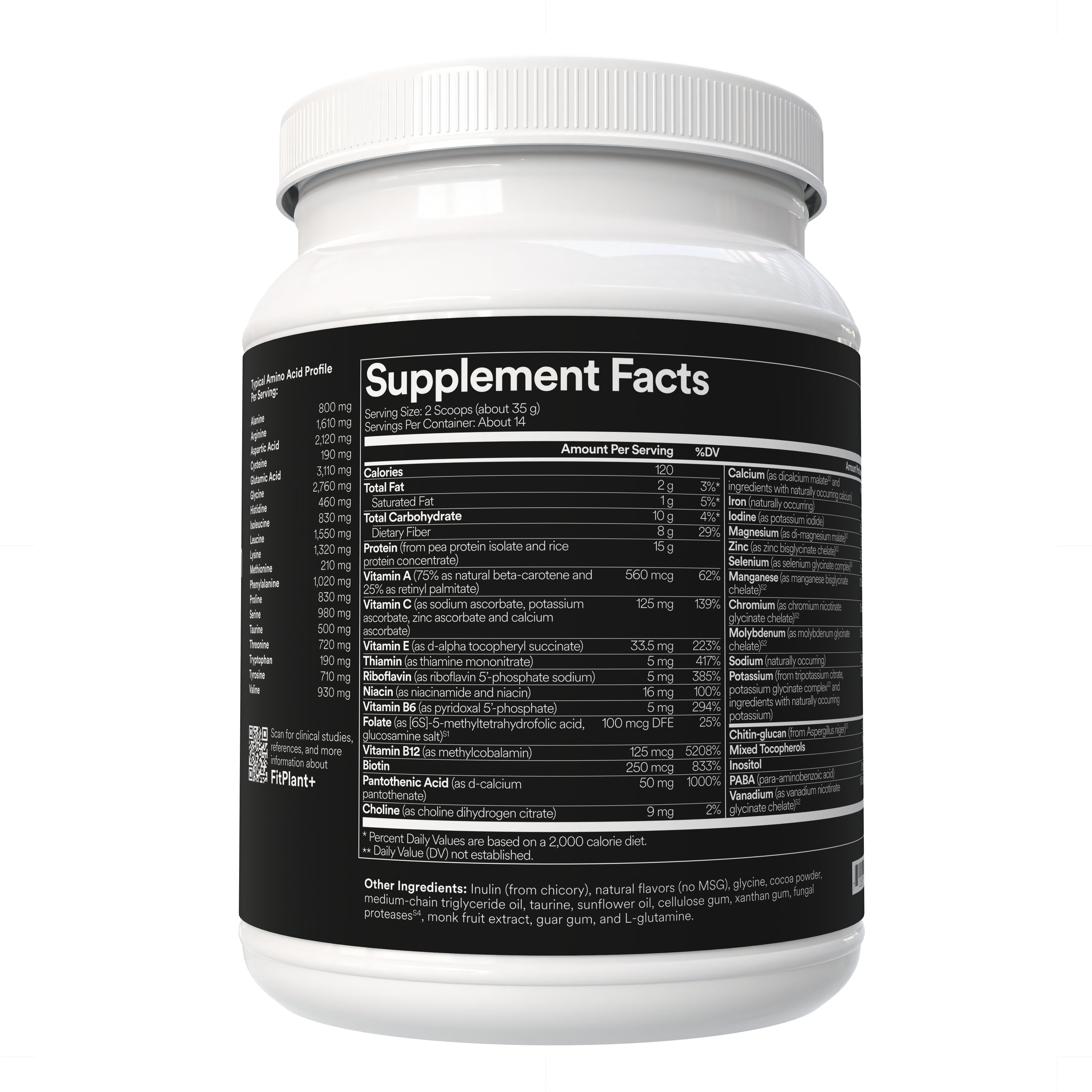 Fitties FitPlant+ supplement container with supplement facts on white background