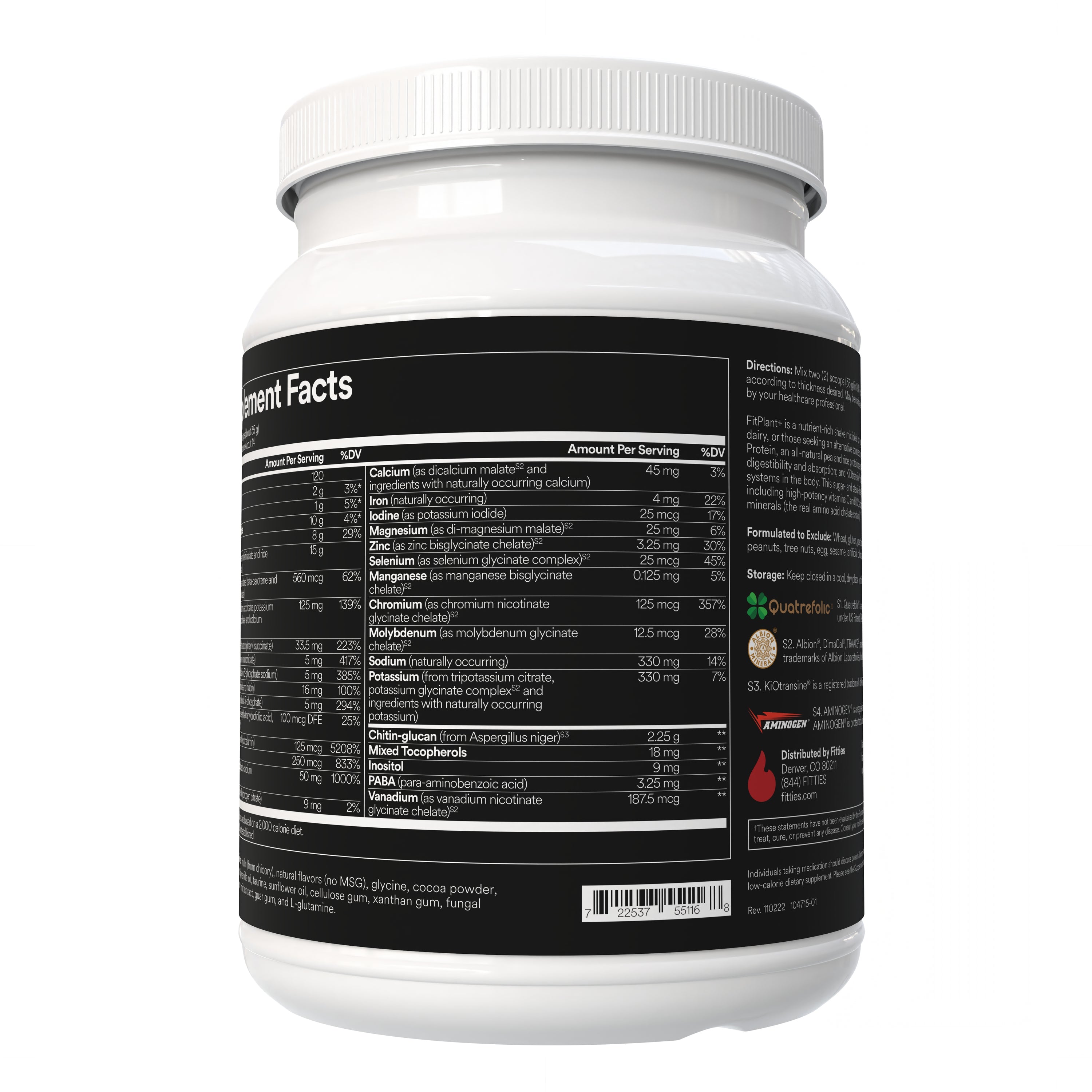 Fitties FitPlant+ supplement container with supplement facts on a white background