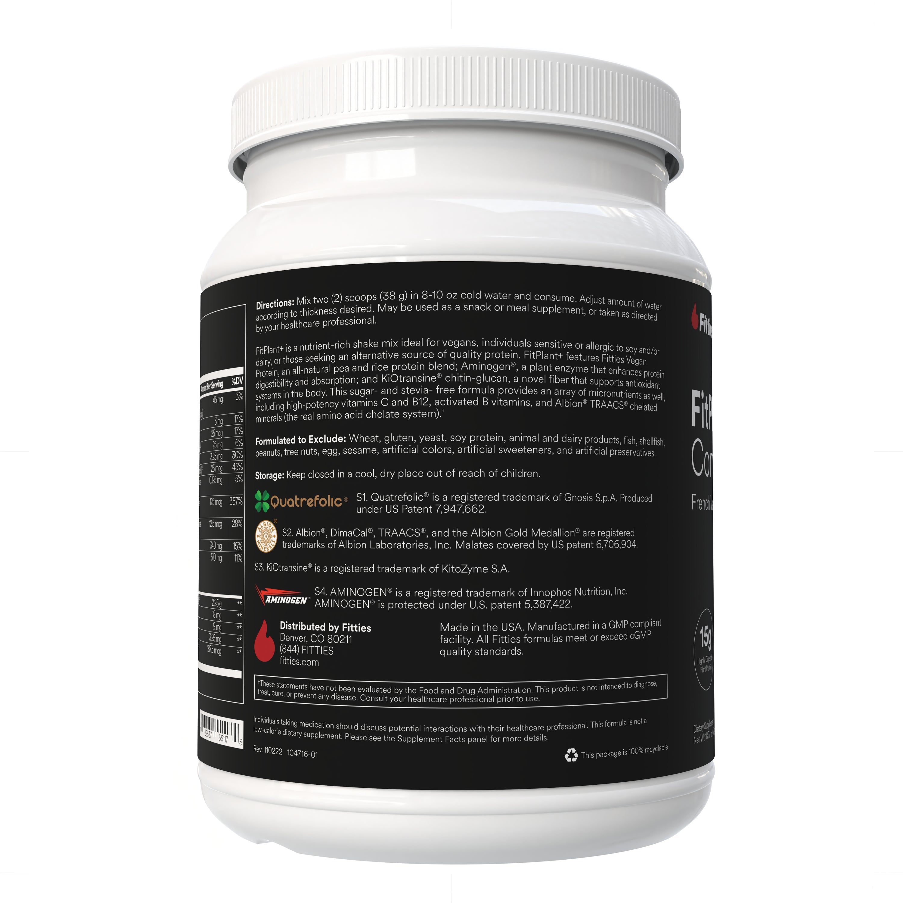 Fitties FitPlant+ supplement container with directions on white background