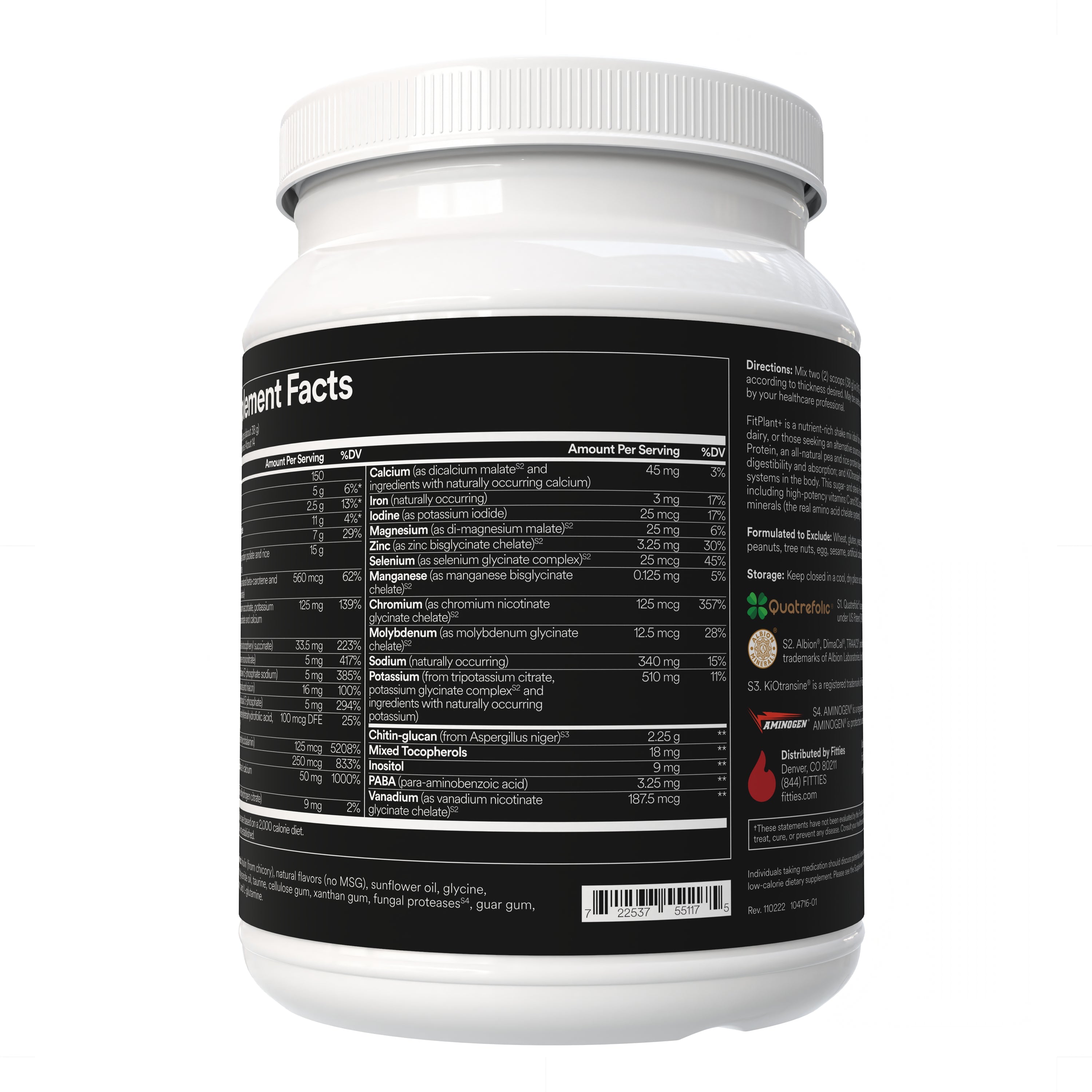 Fitties FitPlant+ supplement container with supplement facts on white background