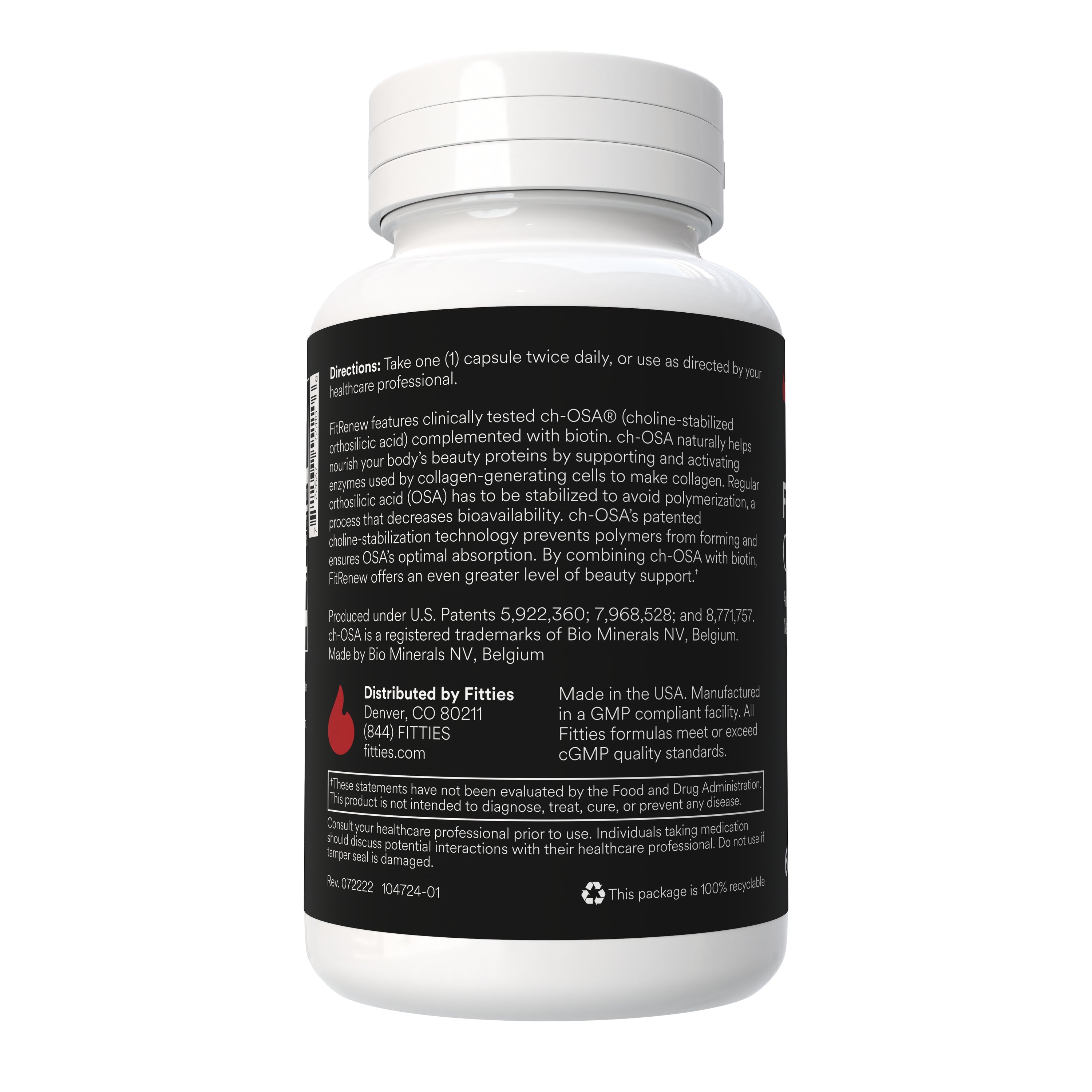 Fitties FitRenew supplement bottle with directions on a white background