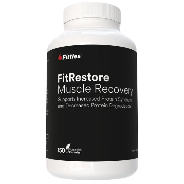 Fitties FitRestore Muscle Recovery supplement bottle on a white background
