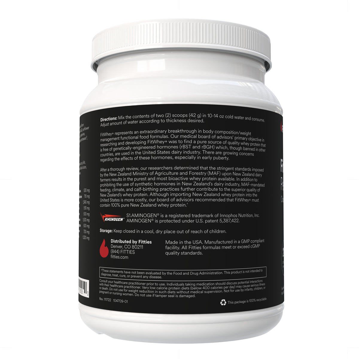 Fitties FitWhey+ Chocolate whey protein tub, directions panel