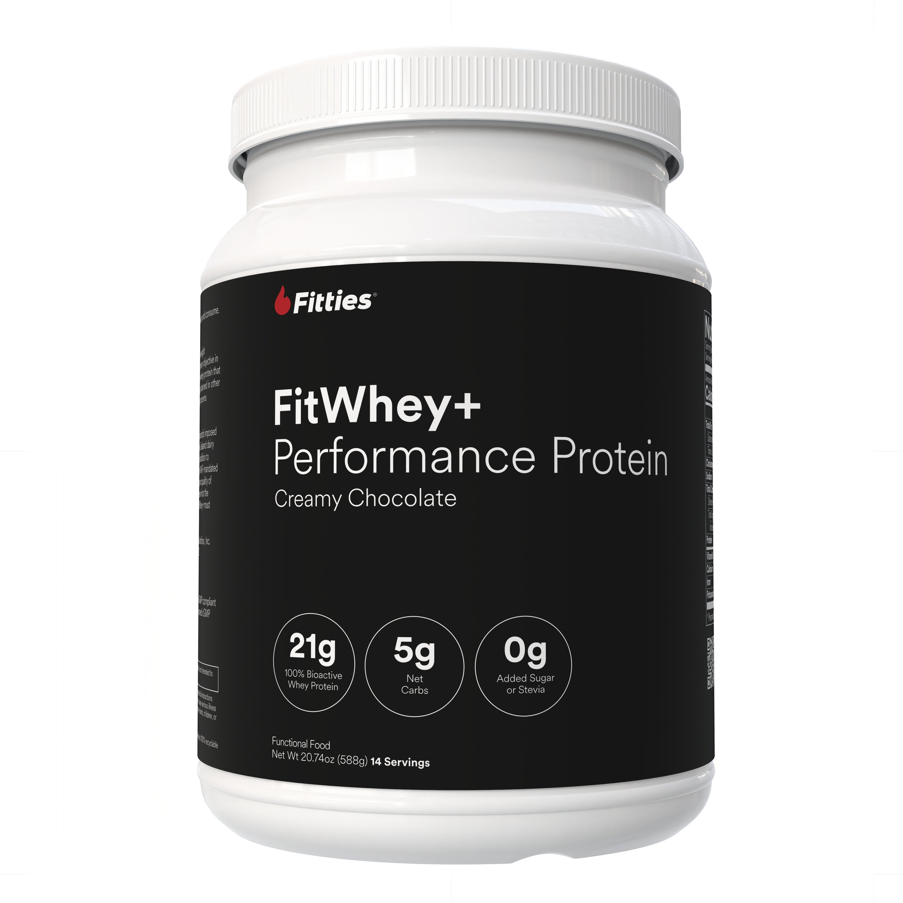 Fitties FitWhey+ supplement container on a white background