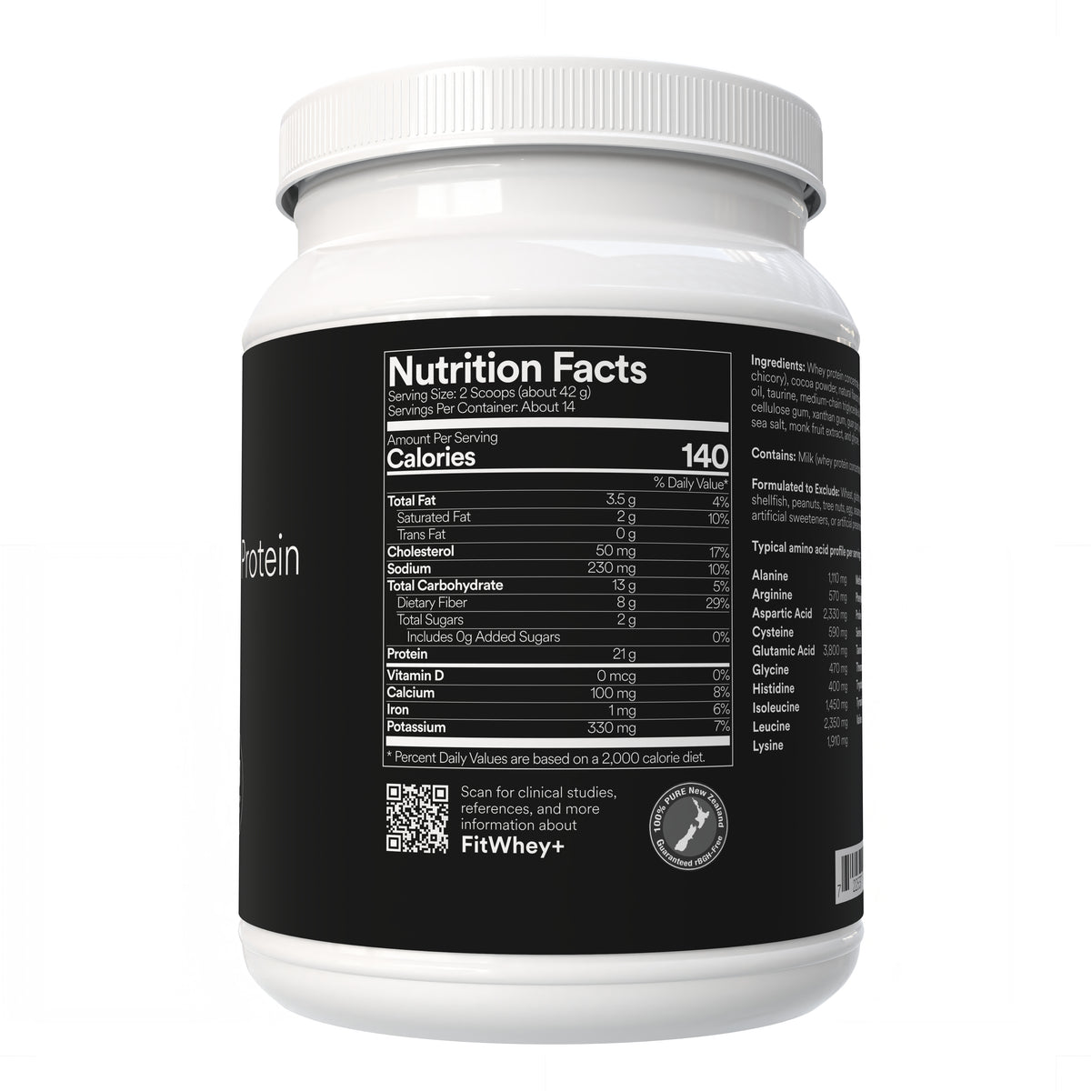 Fitties FitWhey+ Chocolate whey protein tub, supplement facts panel