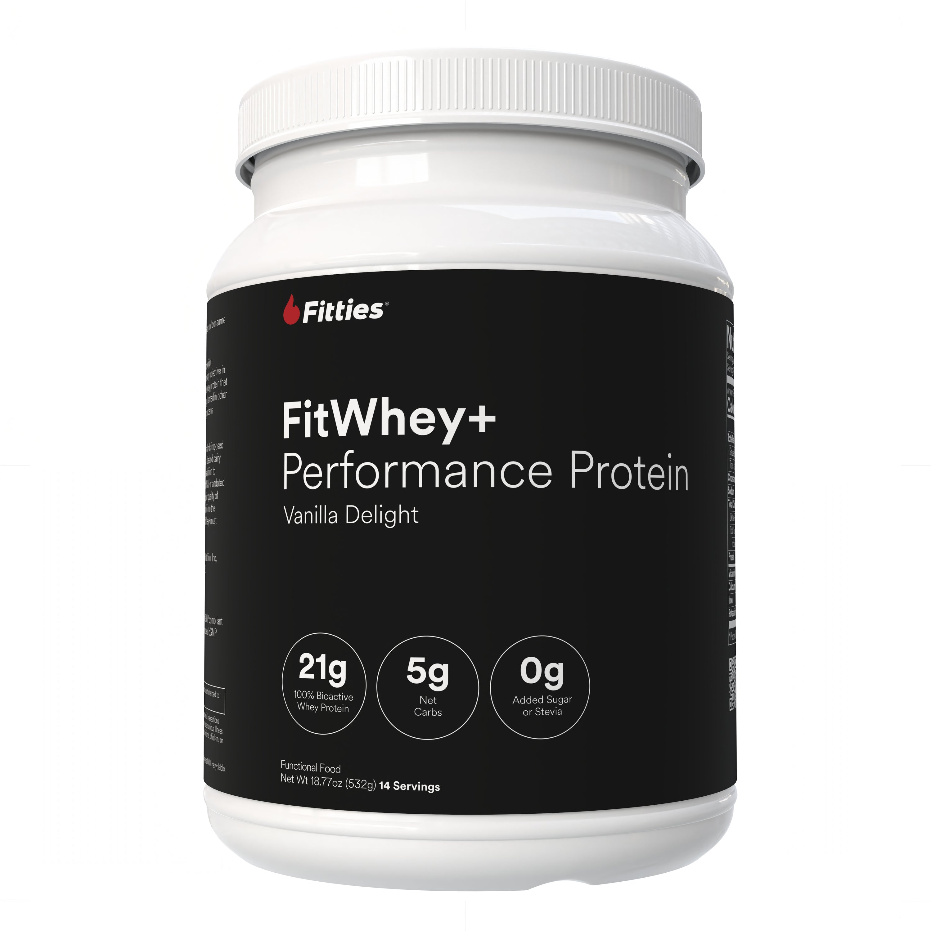Fitties FitWhey+ supplement container on a white background