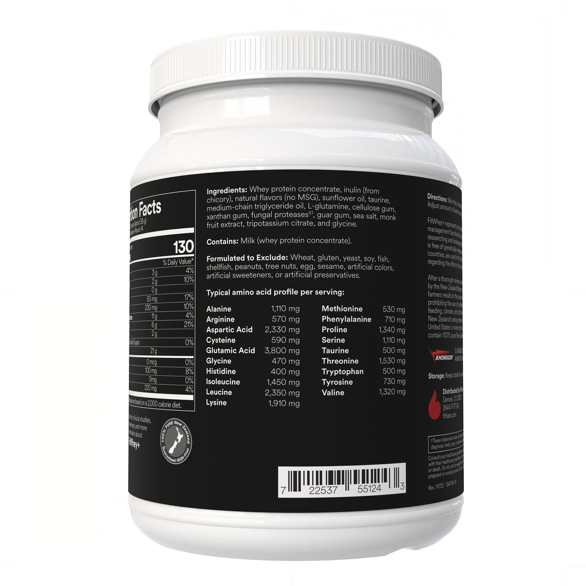 Fitties FitWhey+ Vanilla whey protein tub, ingredients panel