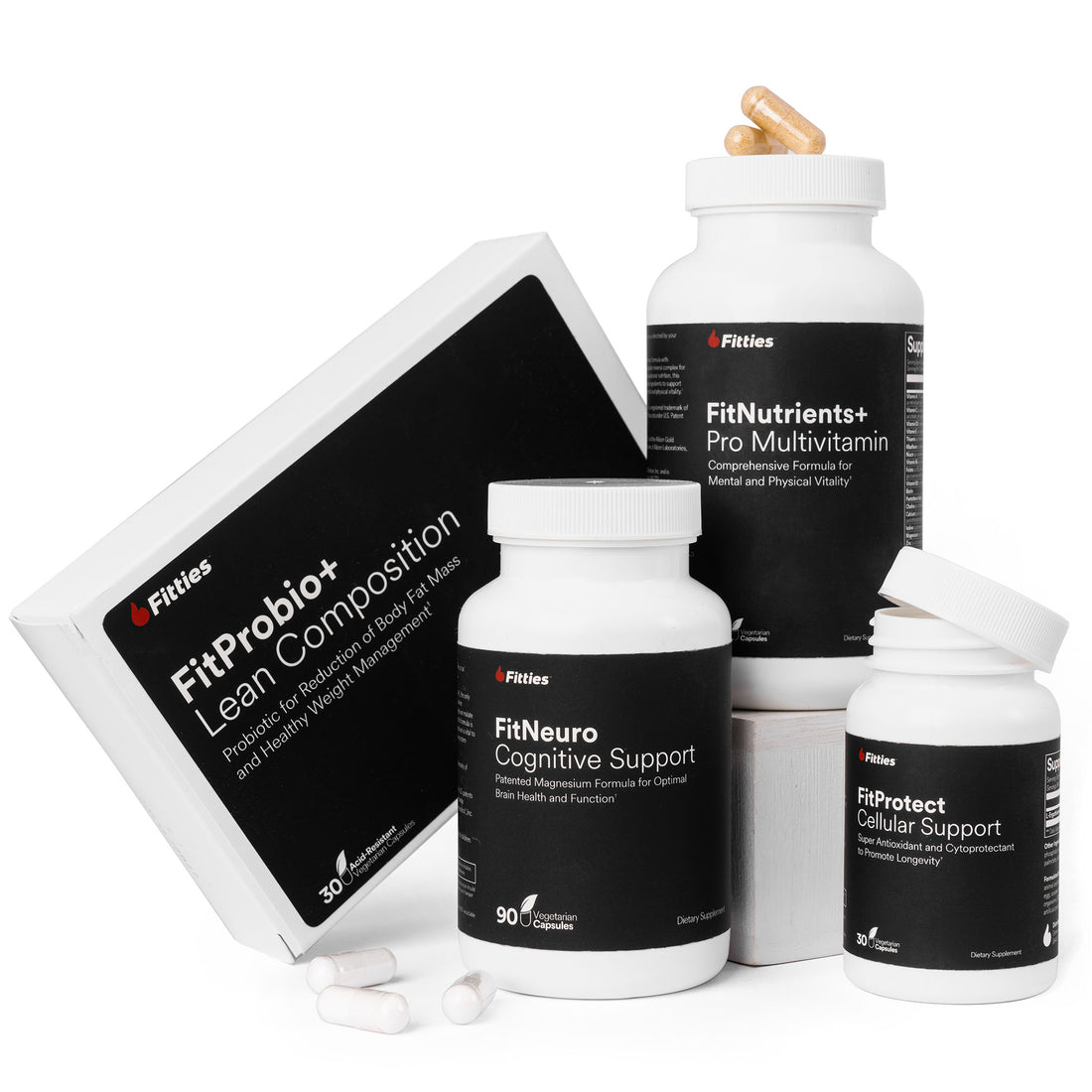 Fitties Health Harmony Stack with FitProbio+, FitNutrients+, FitNeuro, and FitProtect