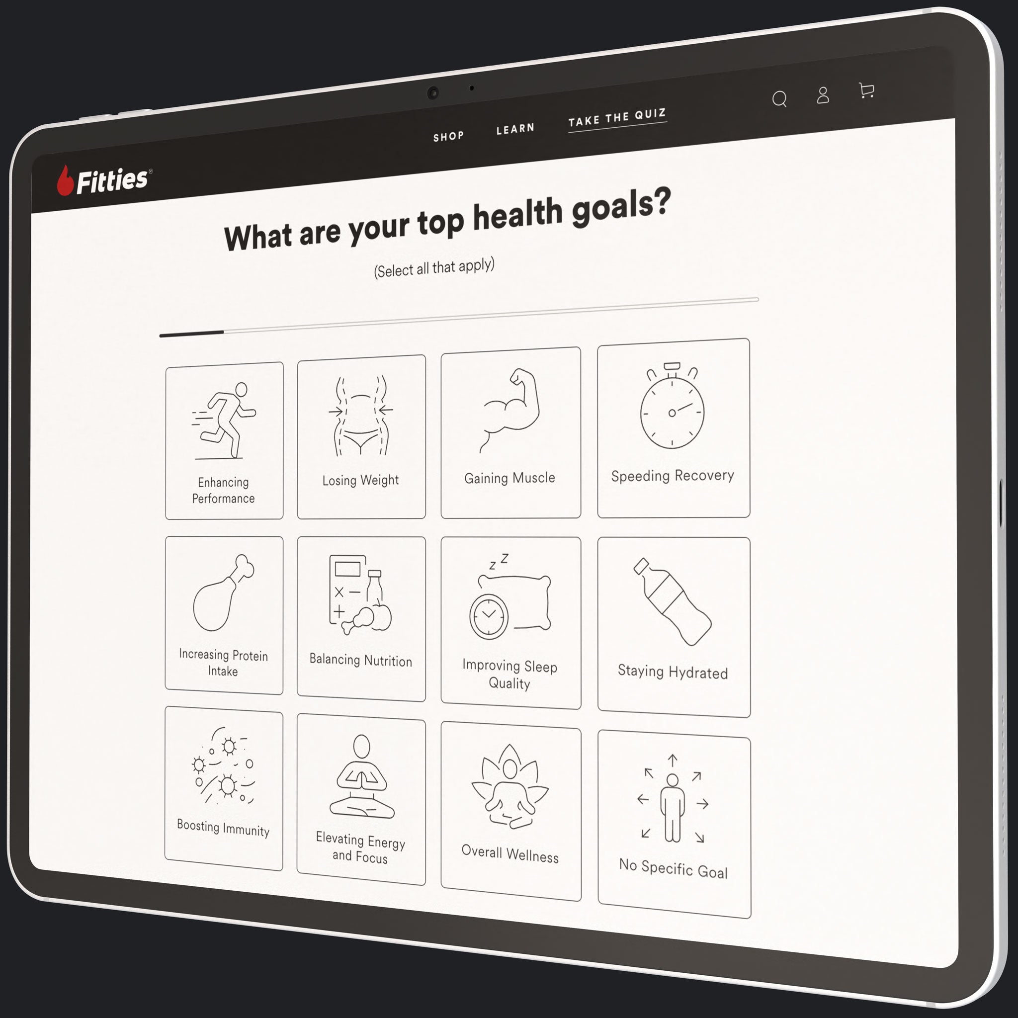 Screen of a tablet displaying a health goal questionnaire on the Fitties app.
