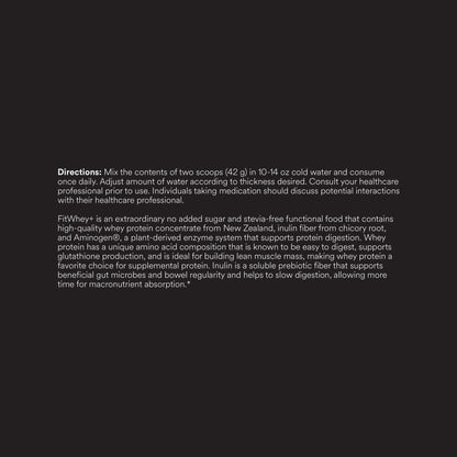 FitWhey+ Chocolate whey protein label, directions and description