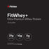 FitWhey+ Chocolate whey protein label, front panel with 21g protein, 10g net carbs and 0g added sugar or stevia