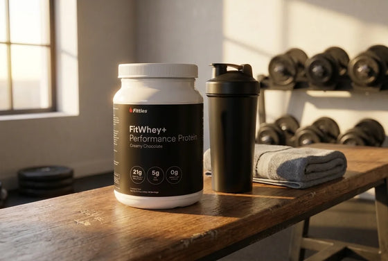FitWhey+ chocolate whey protein tub on a gym bench with a shaker bottle and towel