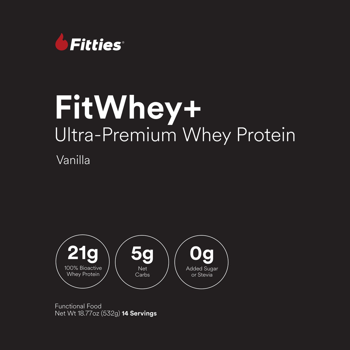 FitWhey+ Vanilla whey protein label, front panel