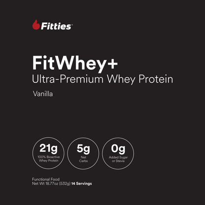 FitWhey+ Vanilla whey protein label, front panel