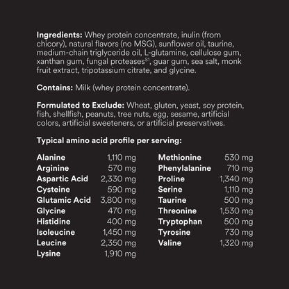 FitWhey+ Vanilla whey protein label, ingredients, allergens and amino acid profile