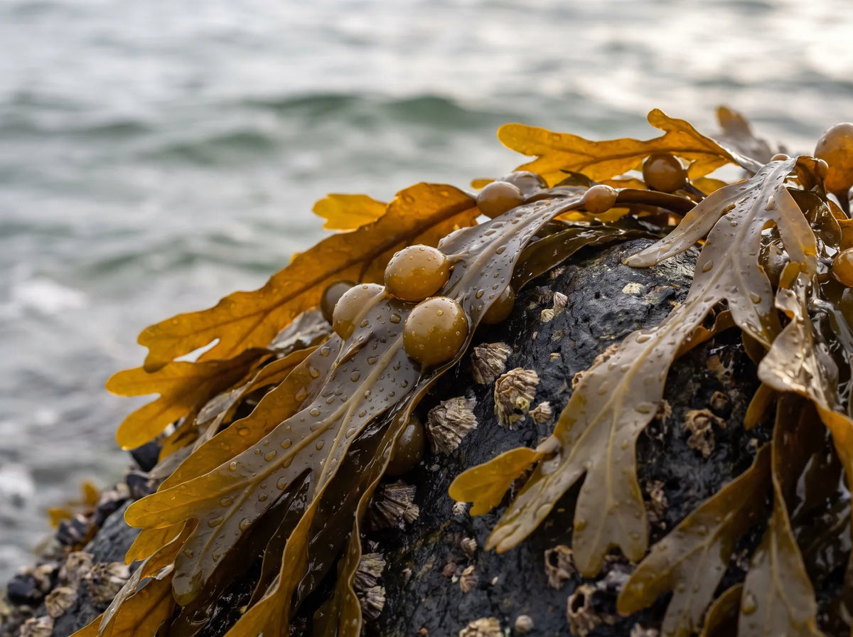 Close-up of bladderwrack brown seaweed, its air bladders beaded with seawater, on a shoreline rock