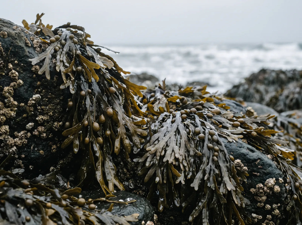 Brown seaweed, bladderwrack and knotted wrack, on wet rocks at low tide