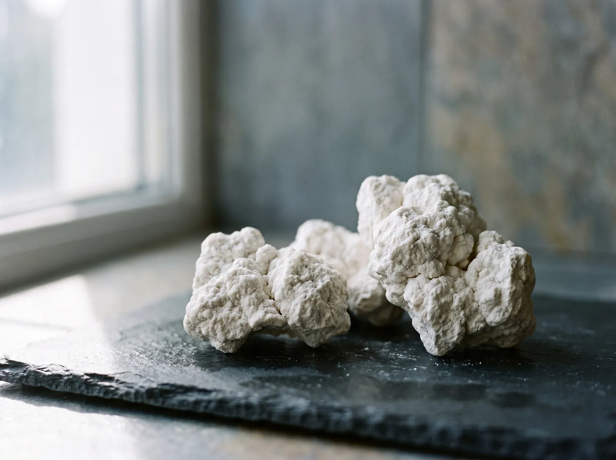 White magnesite, a natural magnesium mineral, on a slate board