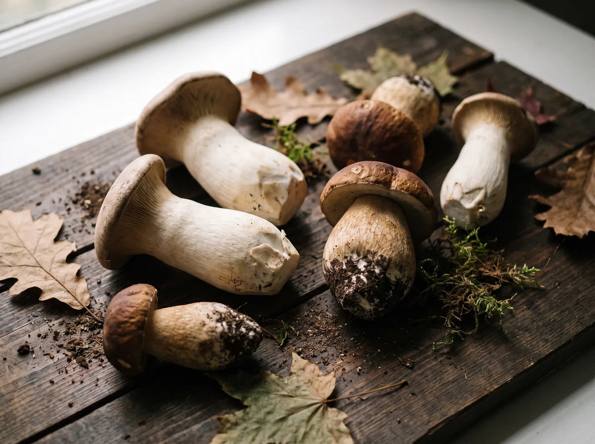 Fresh king oyster and porcini mushrooms on a wooden board