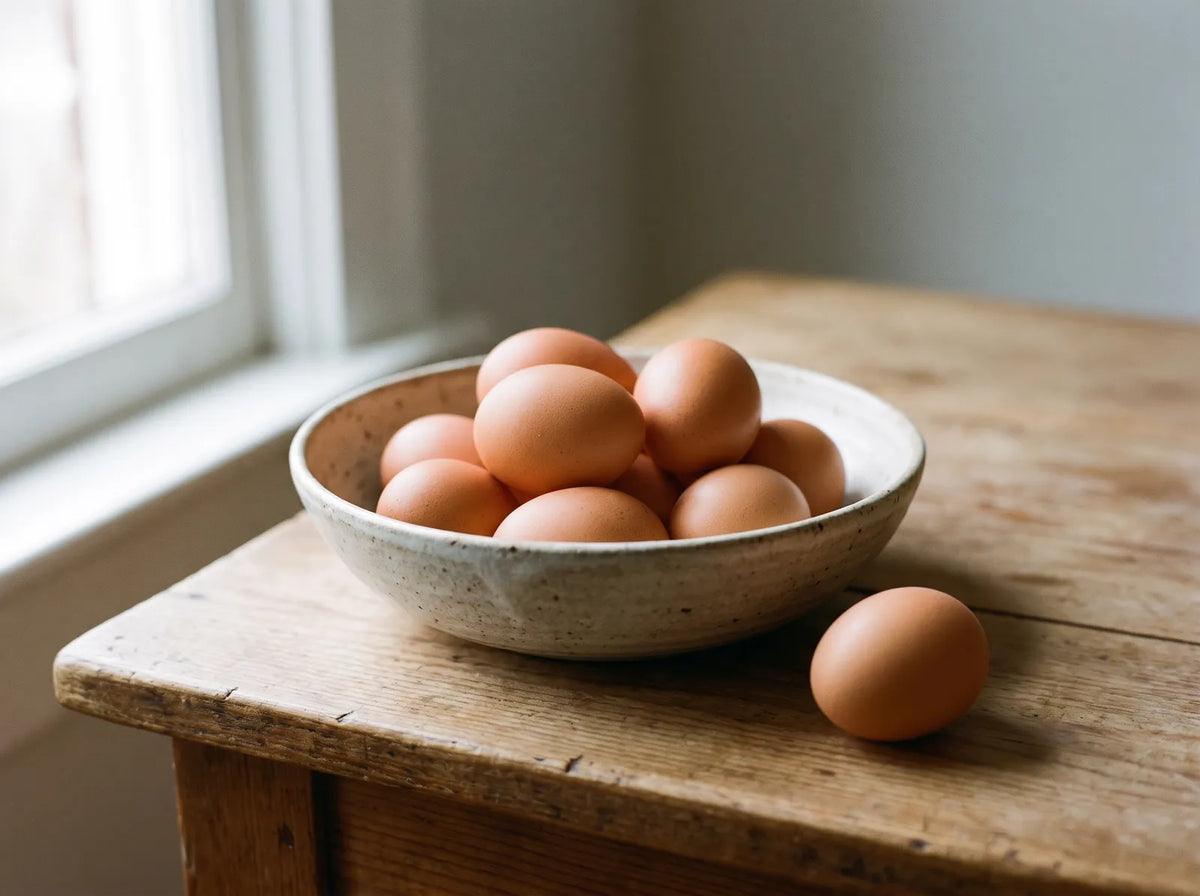 Fresh brown eggs in a ceramic bowl on a wooden table