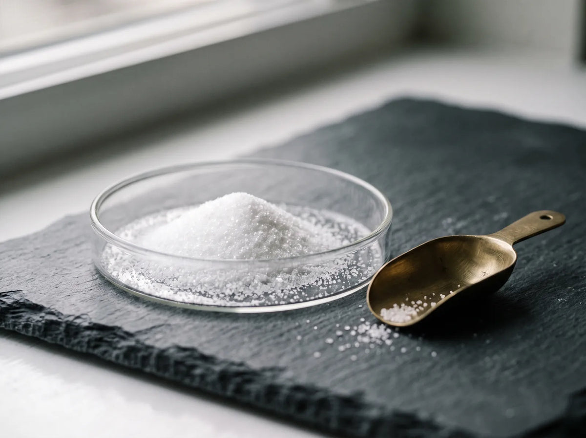 Fine white crystalline powder in a glass dish beside a brass scoop