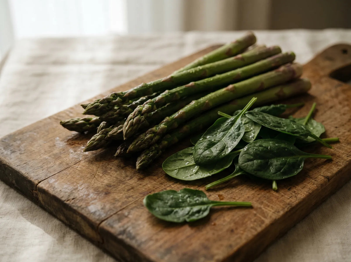 Fresh asparagus and spinach, food sources of folate, on a cutting board