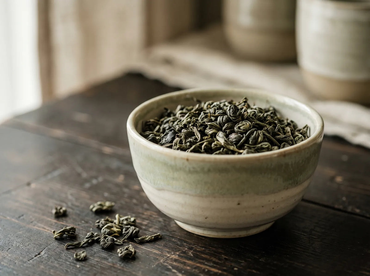 Rolled loose-leaf green tea in a ceramic bowl